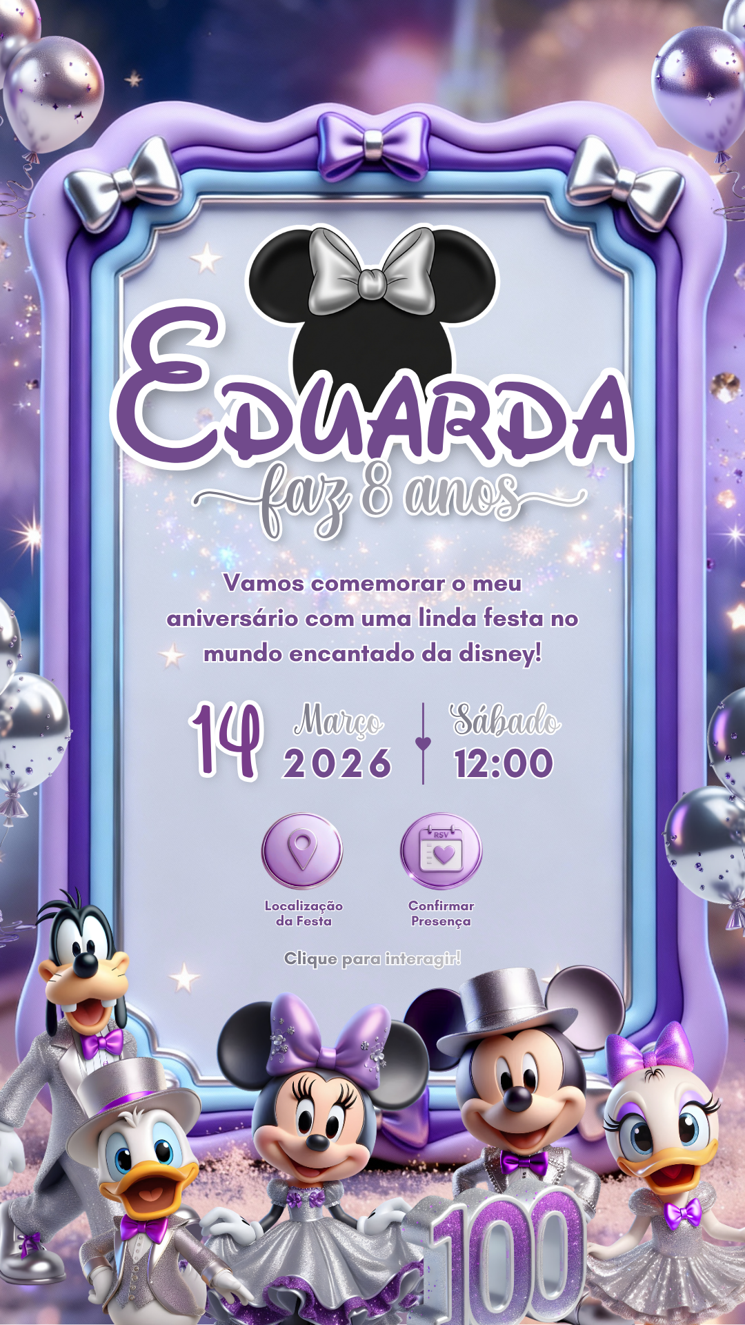 Convite Interativo - Disney 100 Anos - Menina