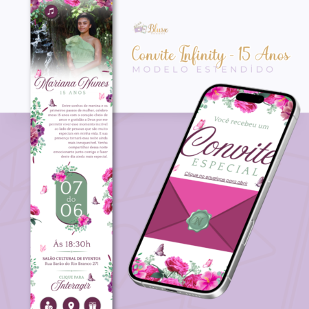 Convite Infinity - Verde e Pink Fucsia - 15 Anos