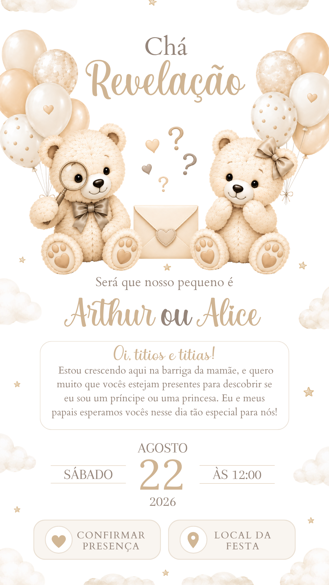 Convite Interativo - Chá revelação - Bege e Branco - Imagem 2