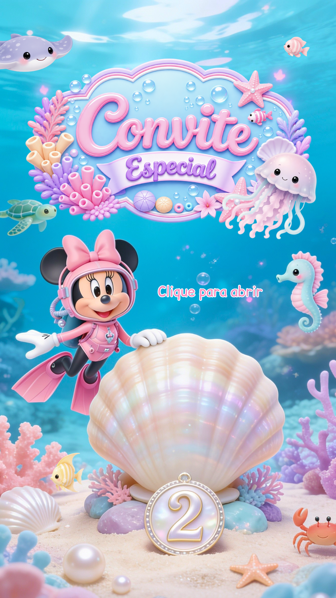 Convite Interativo - Minnie Fundo do Mar Rosa