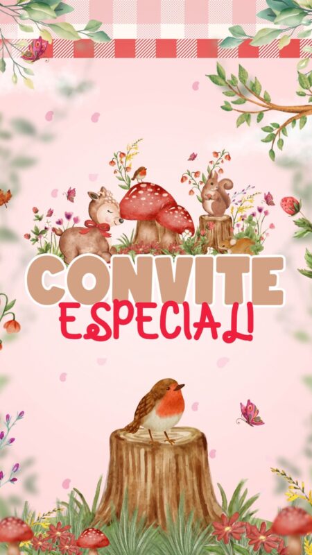 Convite Animado Plus - Bosque Encantado Vermelho e Rosa