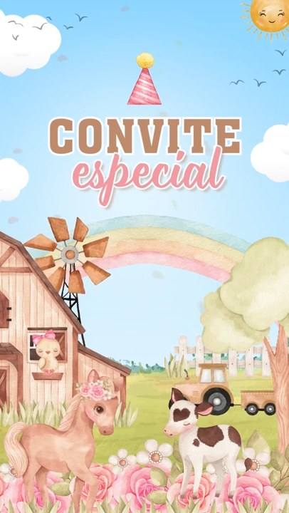Convite Animado Plus - Fazendinha Aquarela Menina Rosa