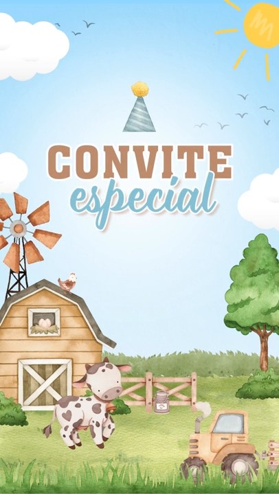 Convite Animado Plus - Fazendinha Aquarela Menino (Bege)