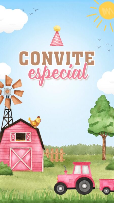 Convite Animado Plus - Fazendinha Aquarela Rosa Menina #2