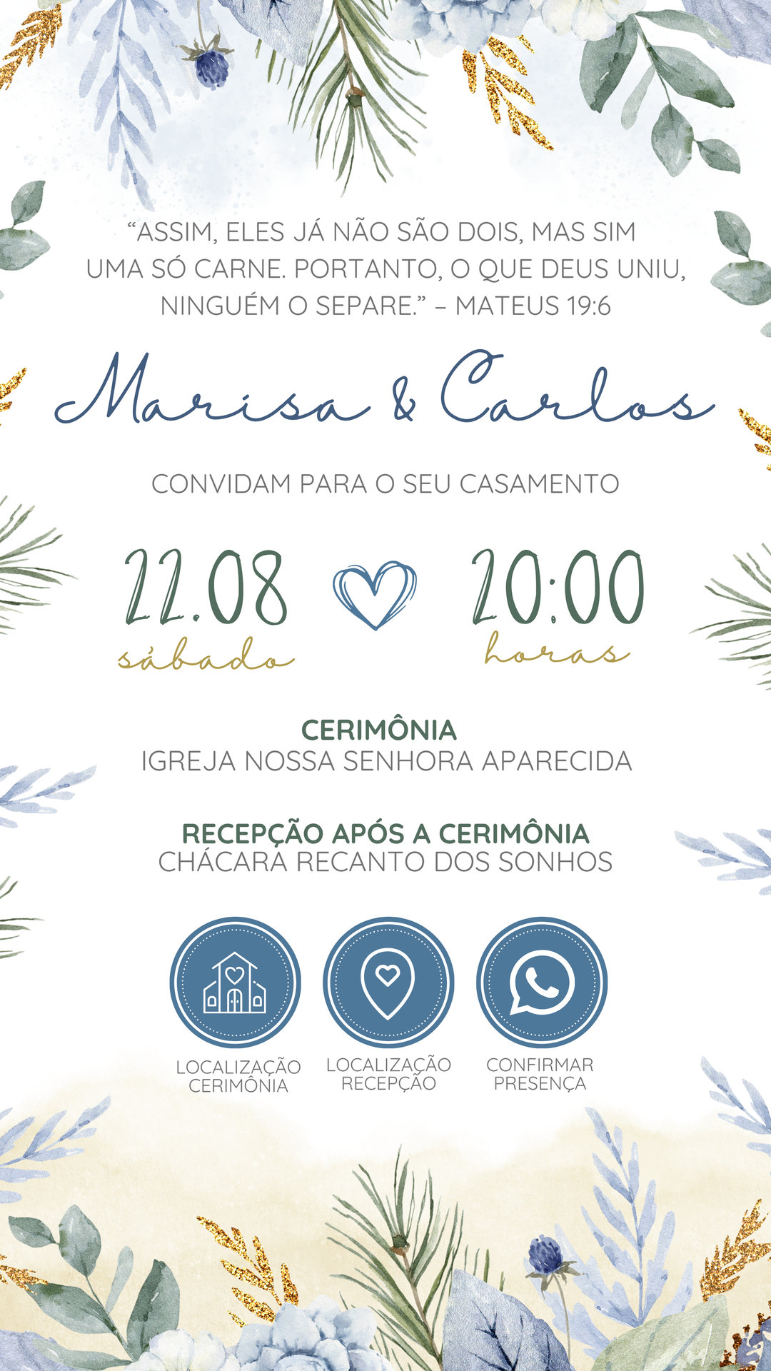Convite Casamento - Azul, Verde e Dourado