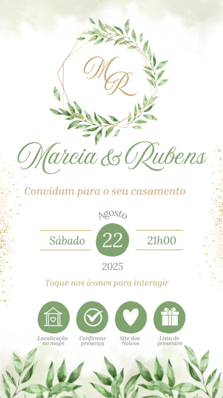 Convite Casamento - Verde, Branco e Dourado