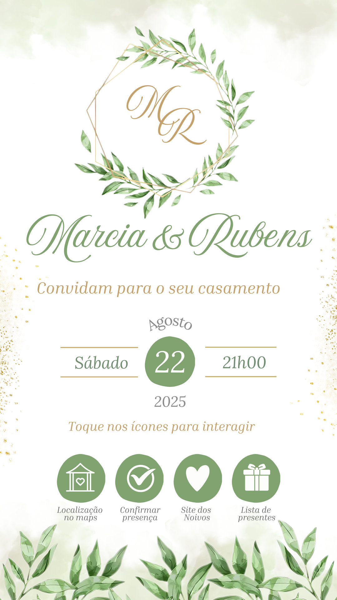 Convite Casamento - Verde, Branco e Dourado