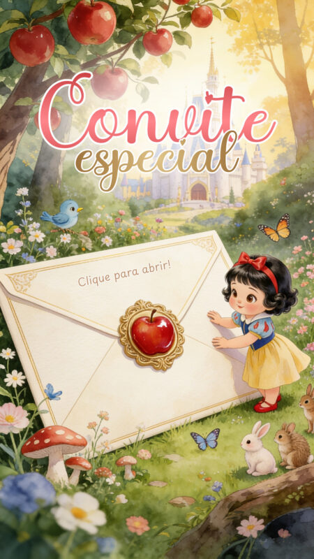 Convite Cinemágico Interativo - Branca de Neve Baby Aquarela - 4 Cenas