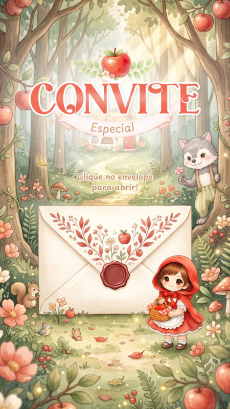 Convite Cinemágico Interativo - Chapeuzinho Vermelho Aquarela - 4 cenas