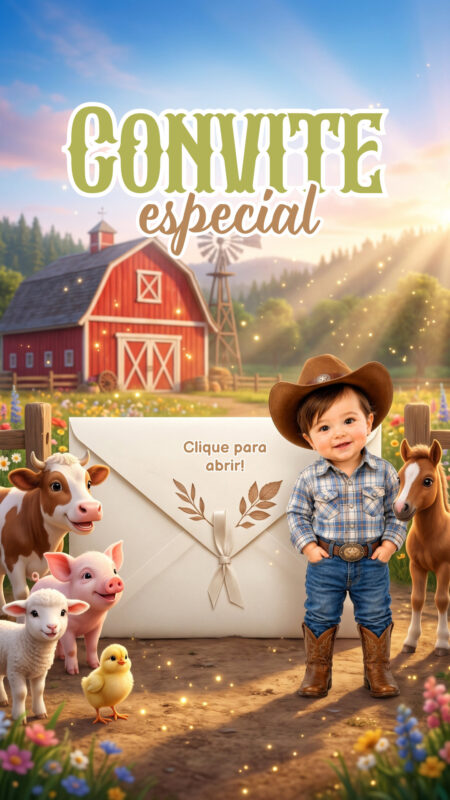 Convite Cinemágico Interativo - Fazendinha - Menino - 4 cenas