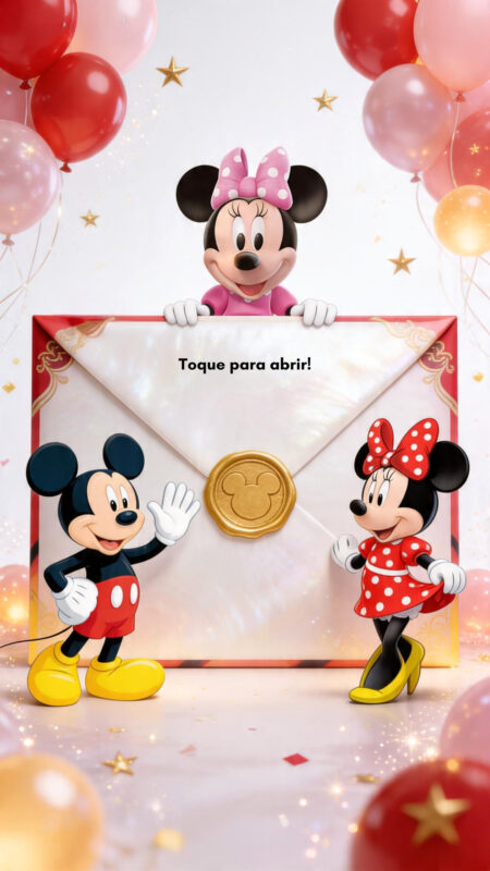 Convite Cinemágico Interativo - Mickey, Minnie Vermelha e Min - 4 cenas