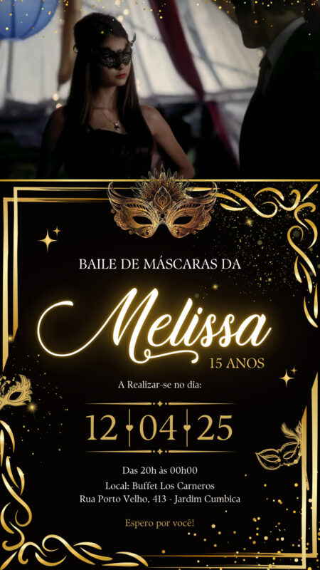 Convite Com Vídeo - Baile de Máscaras Preto e Dourado