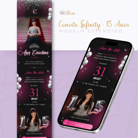 Convite Infinity - 15 anos Preto, Prata e Pink