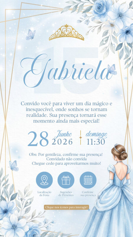 Convite Interativo - 15 Anos Cinderela Azul Bebê