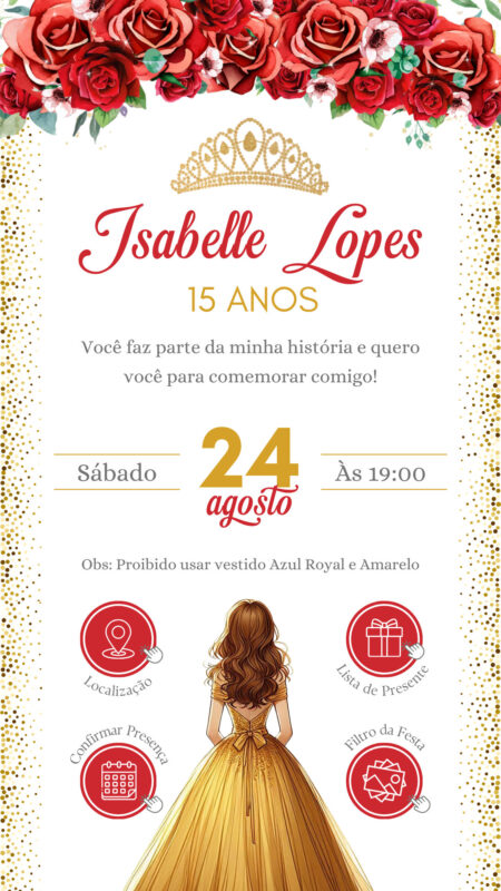 Convite Interativo - 15 Anos - Vermelho e Dourado
