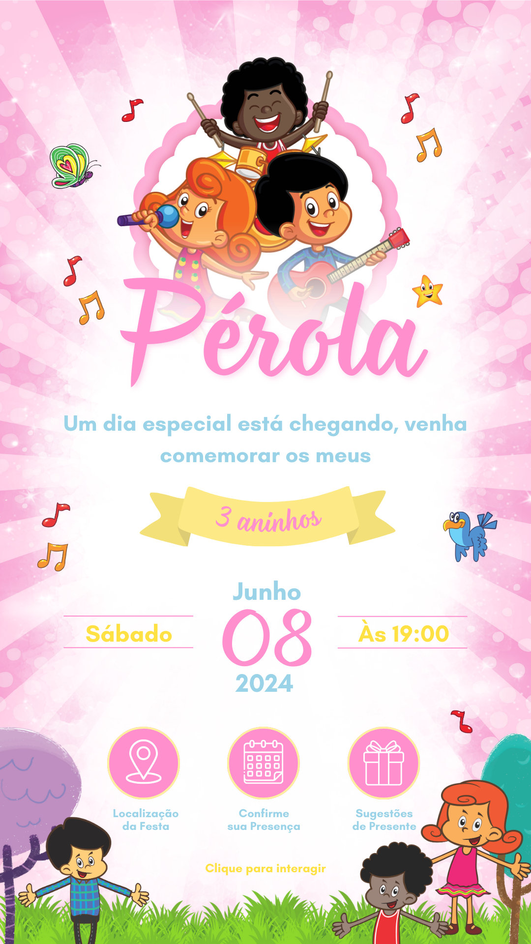 Convite Interativo - 3 palavrinhas - Menina
