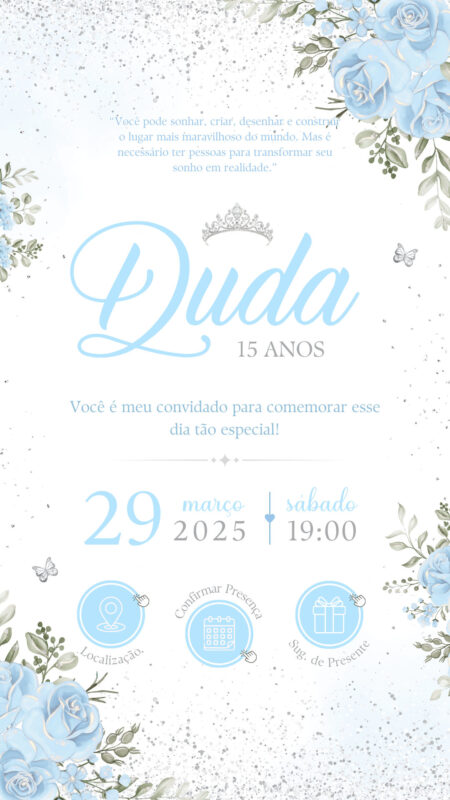 Convite Interativo - Azul Bebê e Prata - Cinderela 15 Anos
