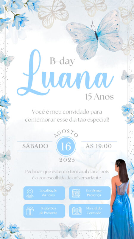 Convite Interativo - Azul Claro e Prata 15 anos
