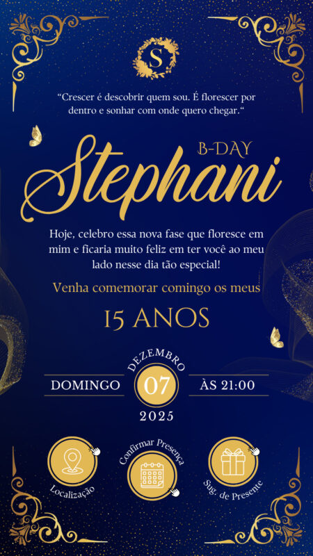 Convite Interativo - Azul e Dourado 15 anos