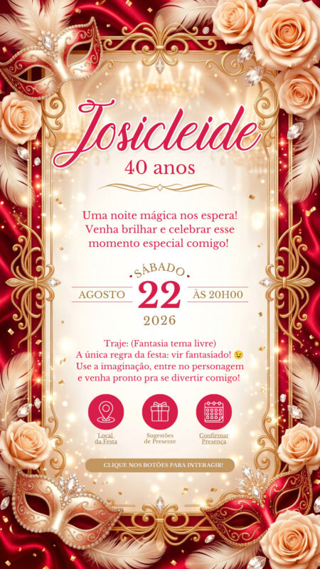 Convite Interativo - Baile de Máscaras Vermelho e Dourado