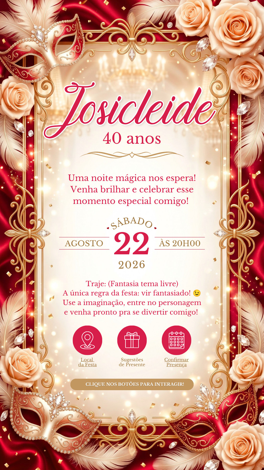 Convite Interativo - Baile de Máscaras Vermelho e Dourado