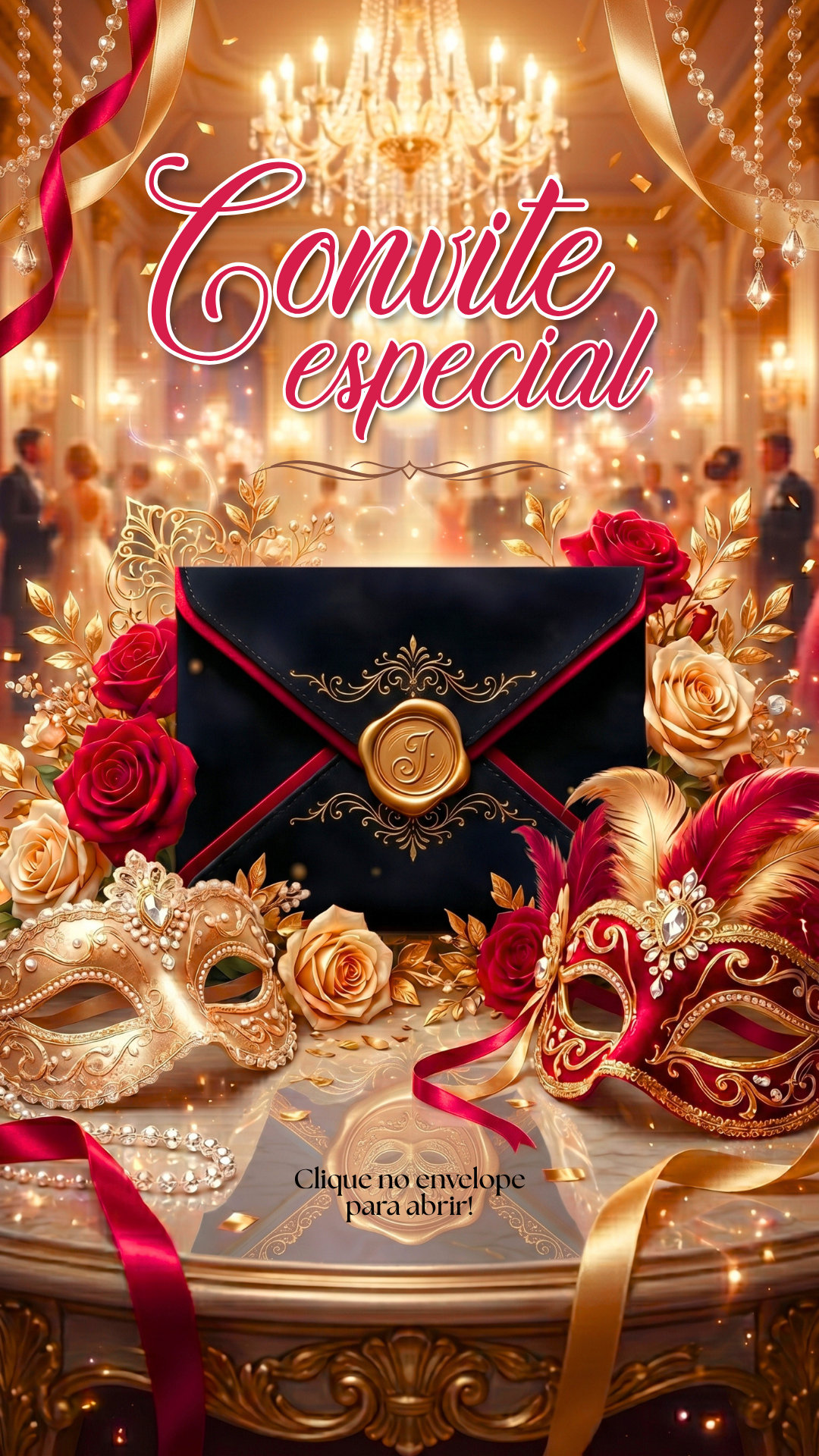 Convite Interativo - Baile de Máscaras Vermelho e Dourado - Imagem 2