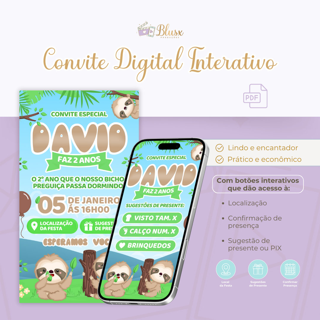Convite Interativo - Bicho Preguiça