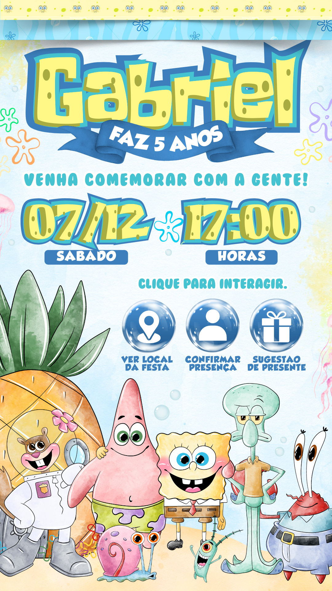 Convite Interativo - Bob Esponja Aquarela