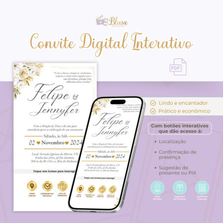 Convite Interativo - Casamento - Branco e Dourado 1