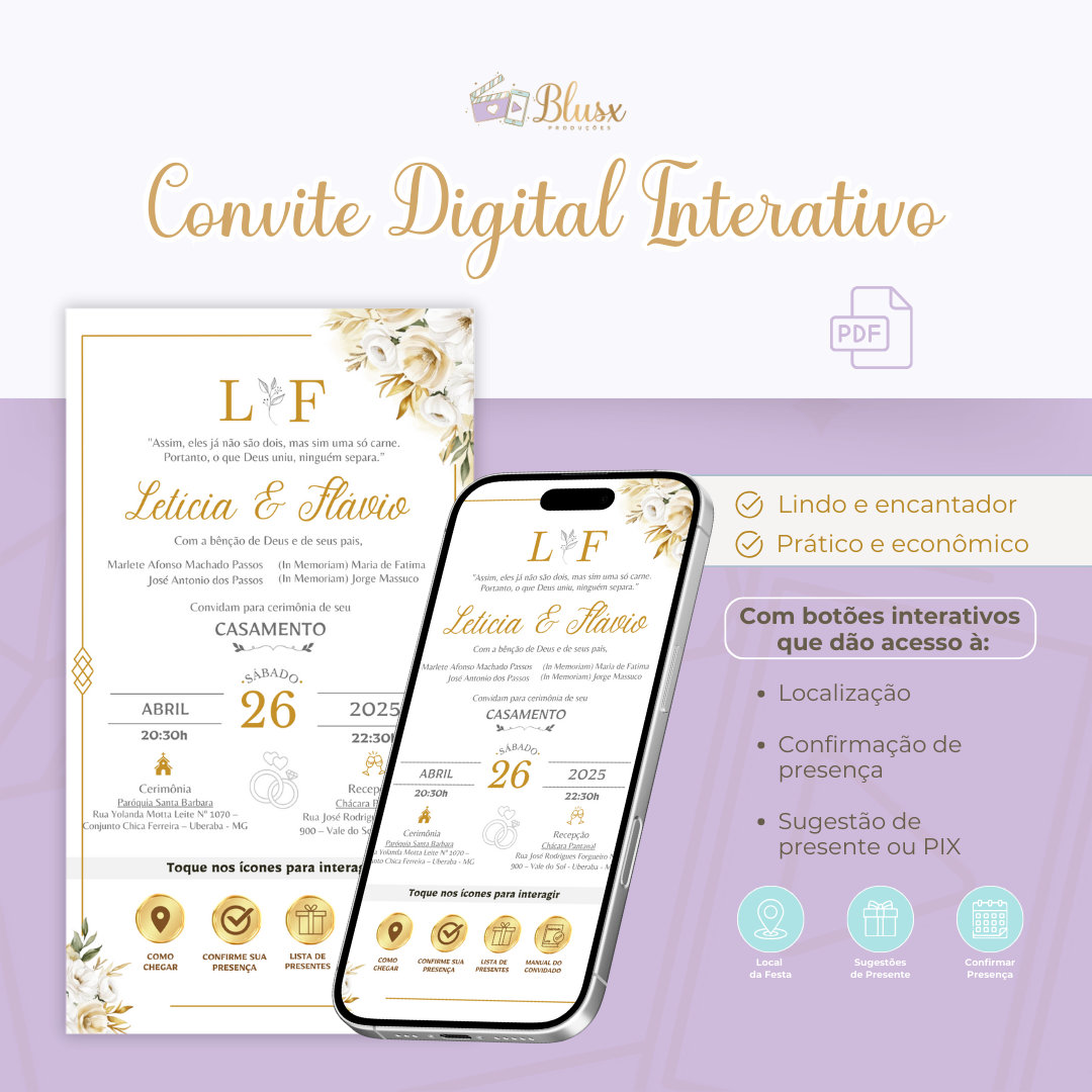 Convite Interativo - Casamento - Branco e Dourado 15