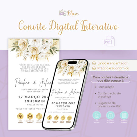 Convite Interativo - Casamento - Branco e Dourado 2