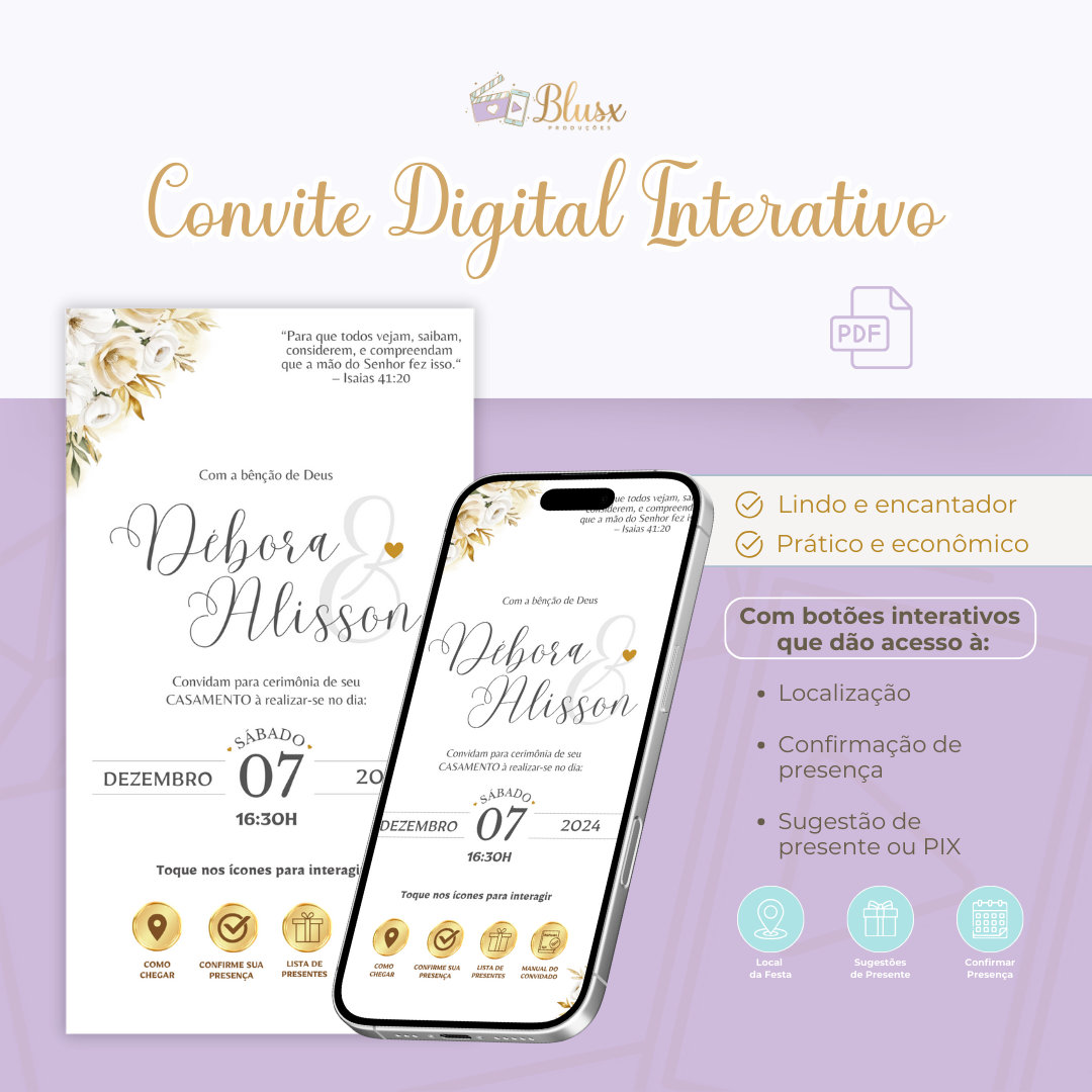 Convite Interativo - Casamento - Branco e Dourado 6