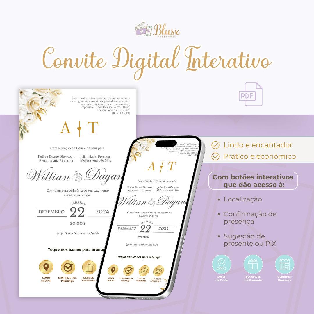 Convite Interativo - Casamento - Branco e Dourado 8