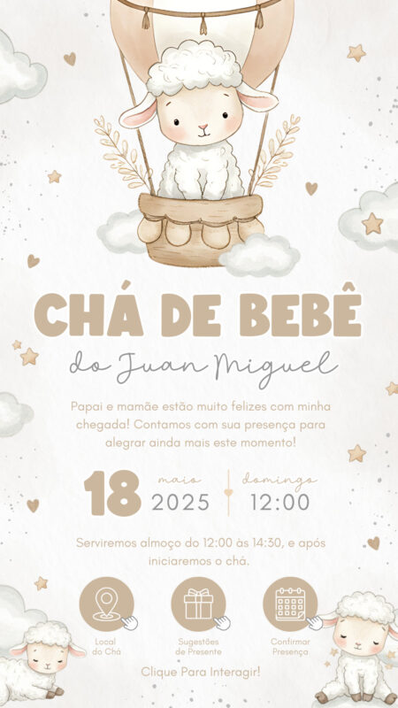 Convite Interativo - Chá de Bebê Ovelhinha Bege Neutro