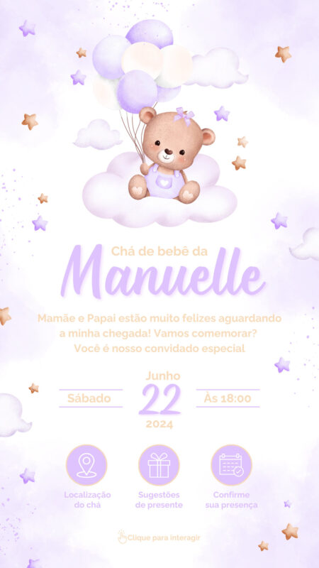 Convite Interativo - Chá de bebê - Ursinha Lilás