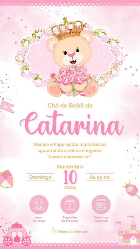Convite Interativo - Chá de Bebê - Ursinha Princesa Rosa