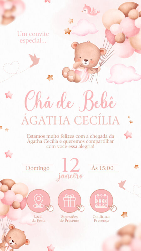Convite Interativo - Chá de Bebê - Ursinha Rosa