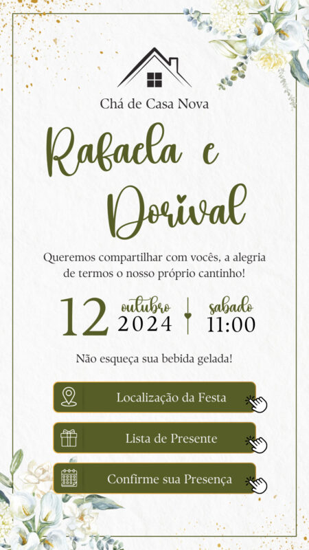 Convite Interativo - Chá de Casa NovaCozinha - Verde Oliva e Dourado