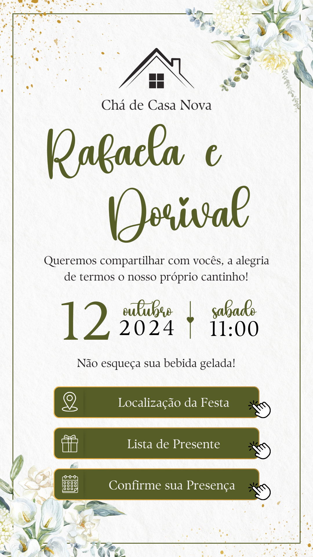 Convite Interativo - Chá de Casa NovaCozinha - Verde Oliva e Dourado