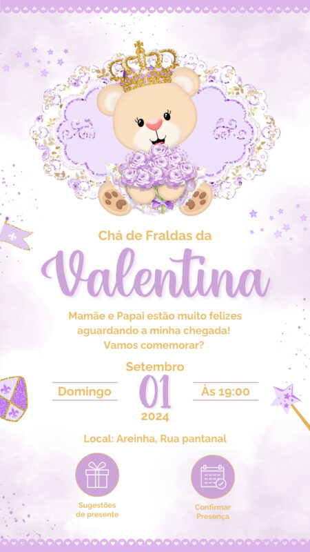 Convite Interativo - Chá de Fraldas - Ursinha Princesa Lilás