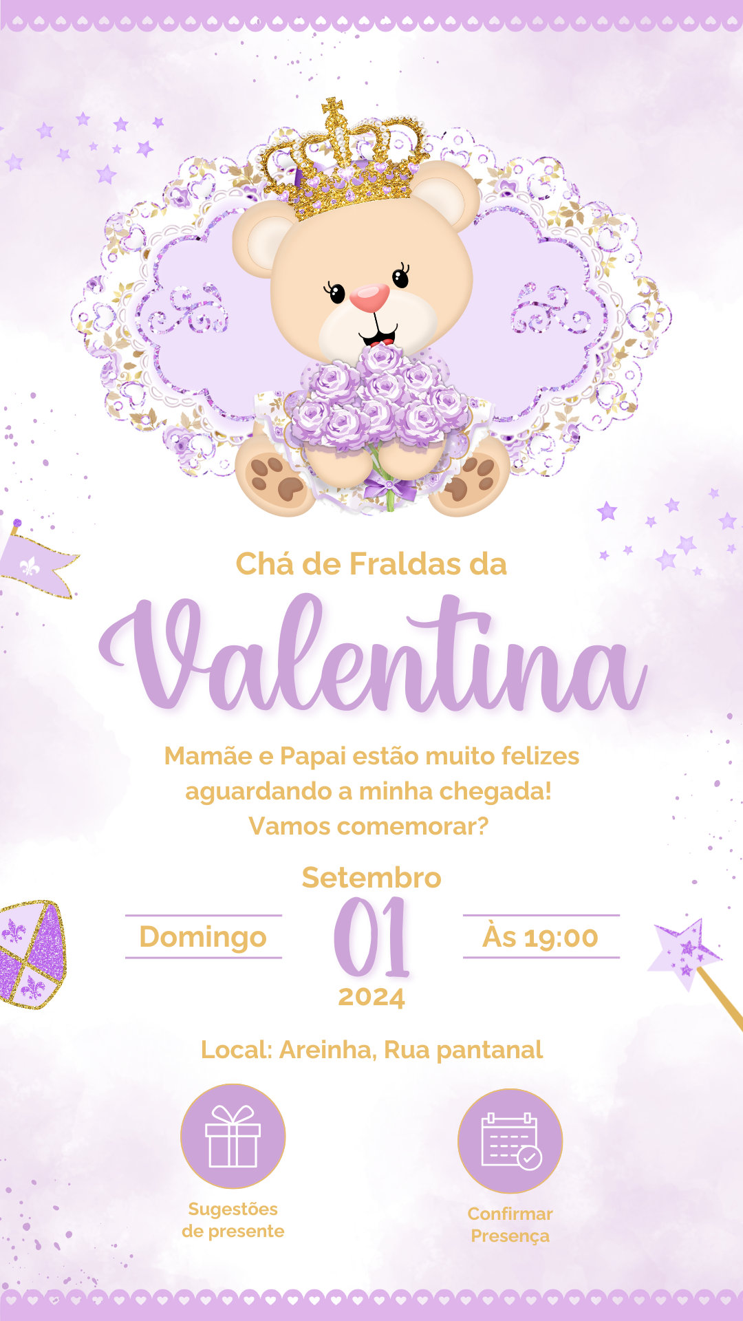 Convite Interativo - Chá de Fraldas - Ursinha Princesa Lilás