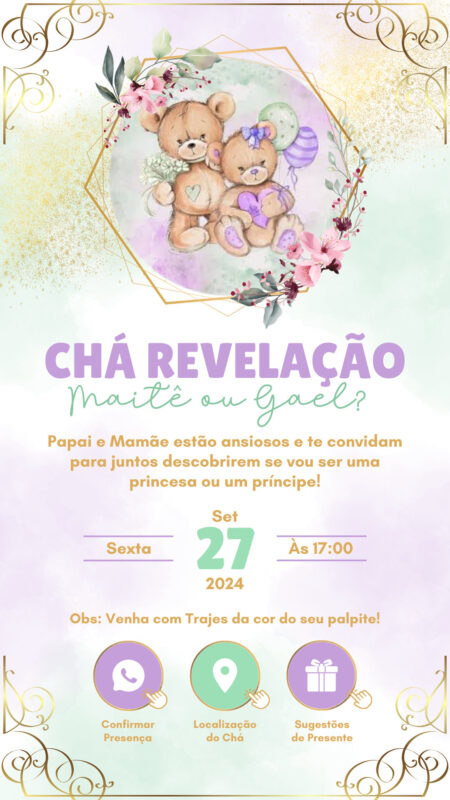 Convite Interativo - Chá Revelação - Lilás e Verde