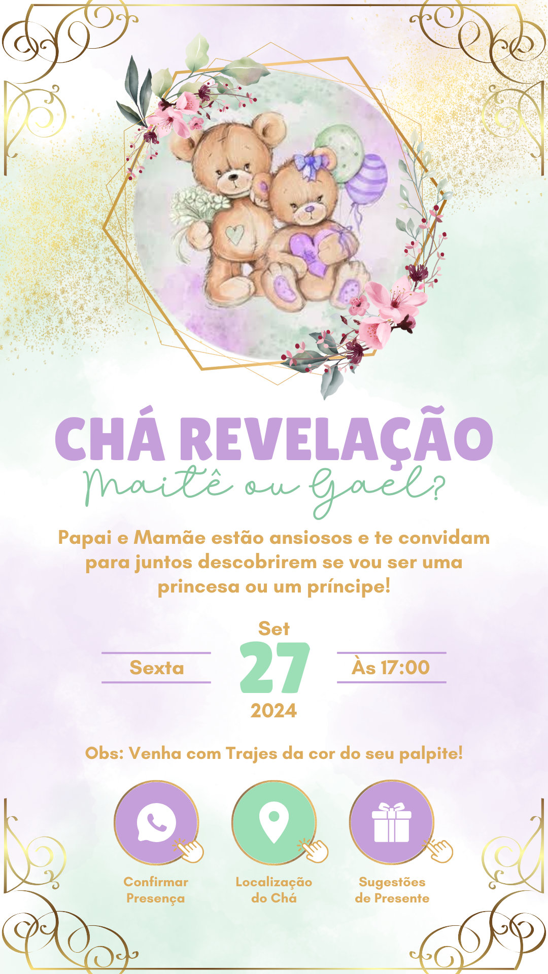 Convite Interativo - Chá Revelação - Lilás e Verde