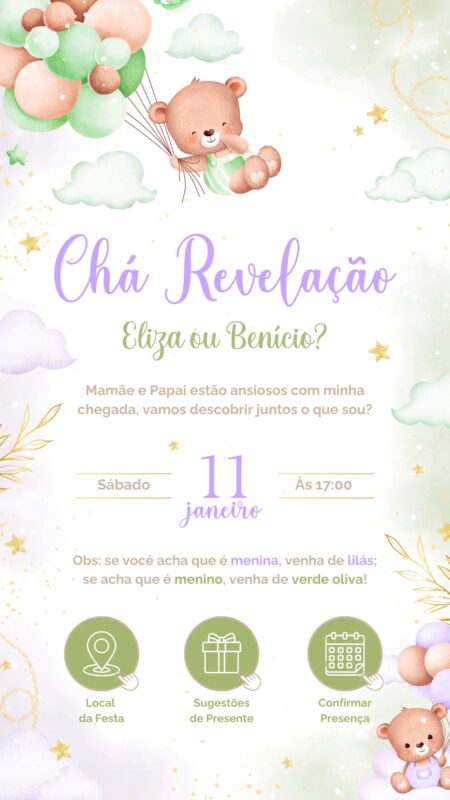 Convite Interativo - Chá Revelação Lilás e Verde Oliva