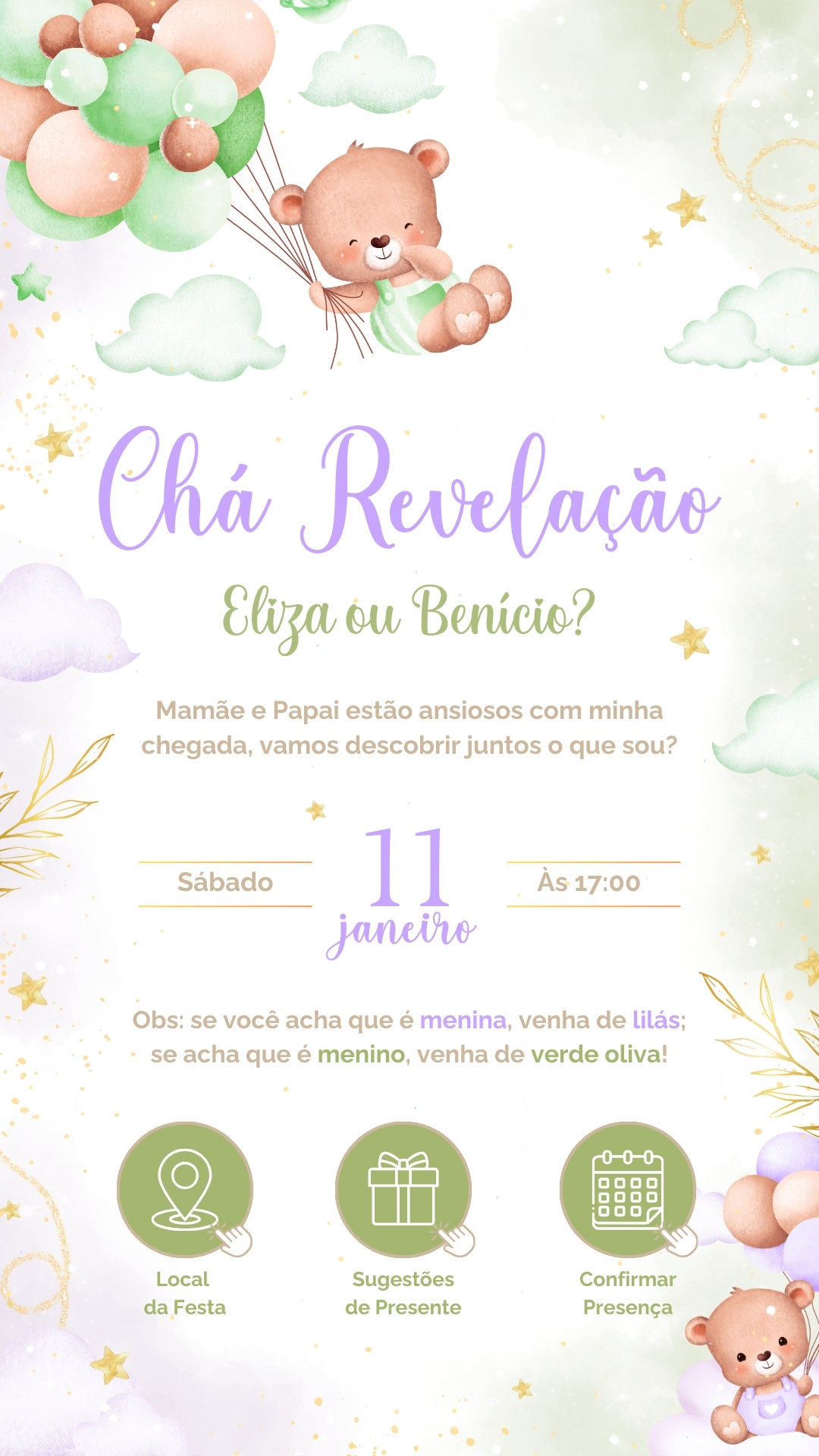 Convite Interativo - Chá Revelação Lilás e Verde Oliva