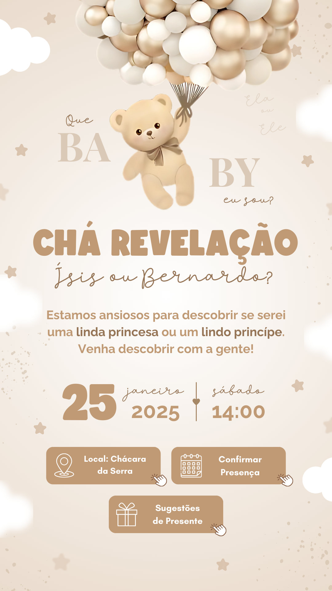 Convite Interativo - Chá revelação - Ursinho Bege e Marrom