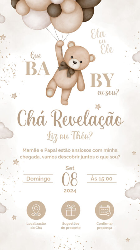 Convite Interativo - Chá Revelação - Ursinho Marrom