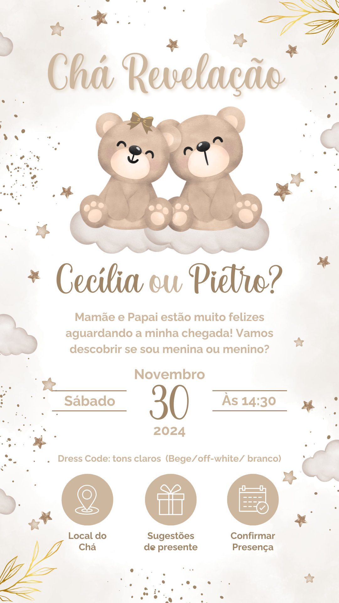 Convite Interativo - Chá Revelação - Ursinhos Bege e Marrom