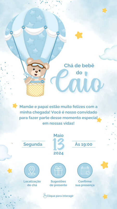 Convite Interativo - Convite Chá Urso Baloeiro Azul