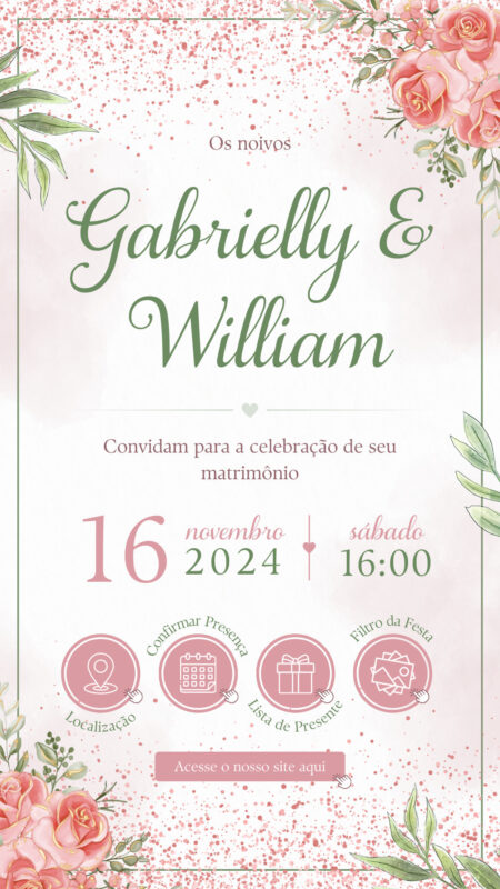 Convite Interativo - Convite de Casamento - Rosa e Verde